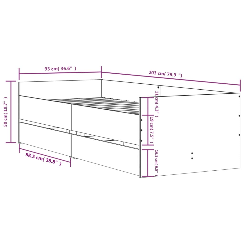 Cadre de lit avec tiroirs sans matelas chêne fumé 90x200 cm - XIOS