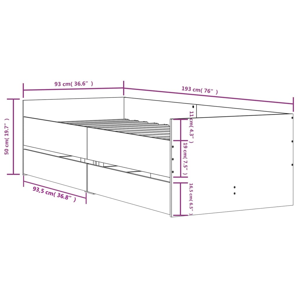 Cadre de lit avec tiroirs sans matelas sonoma gris 90x190 cm - XIOS