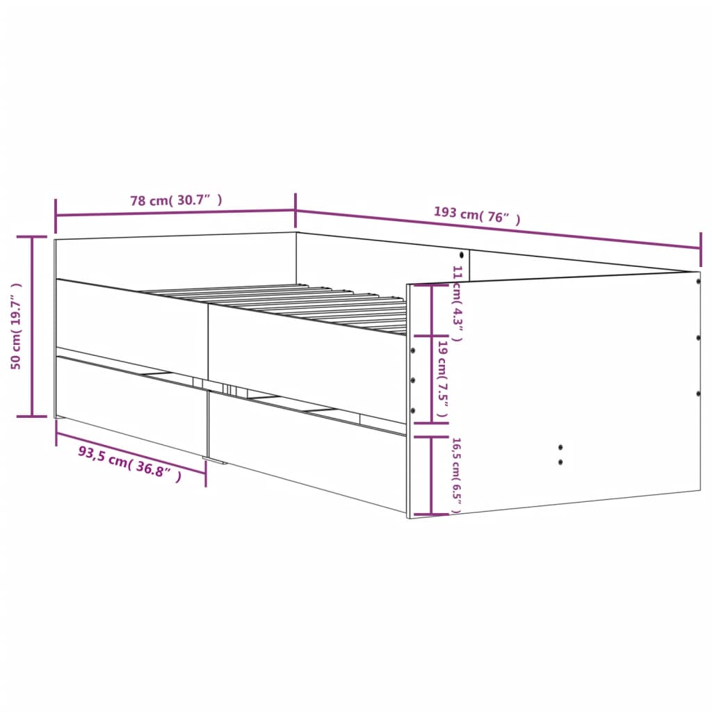 Cadre de lit sans matelas gris béton 75x190 cm - XIOS