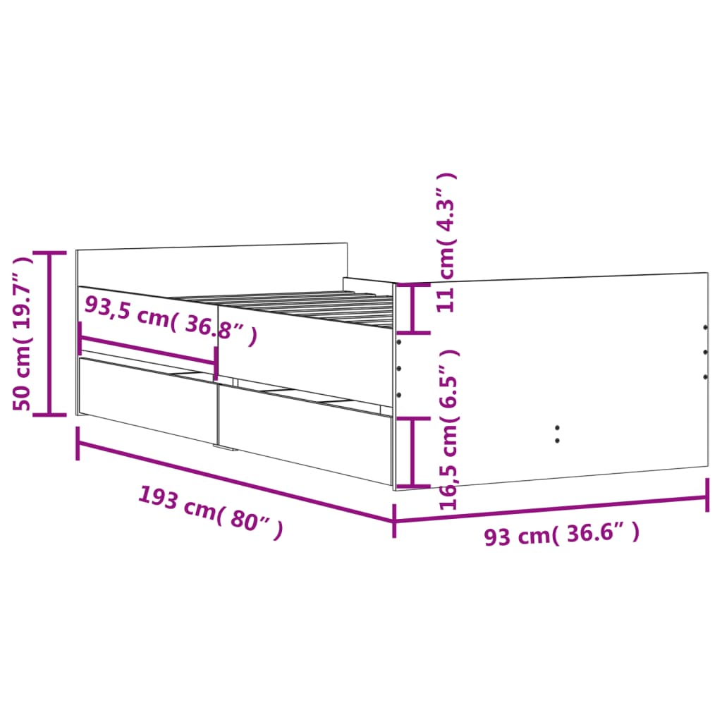 Cadre de lit avec tiroirs sans matelas gris béton 90x190 cm - XIOS