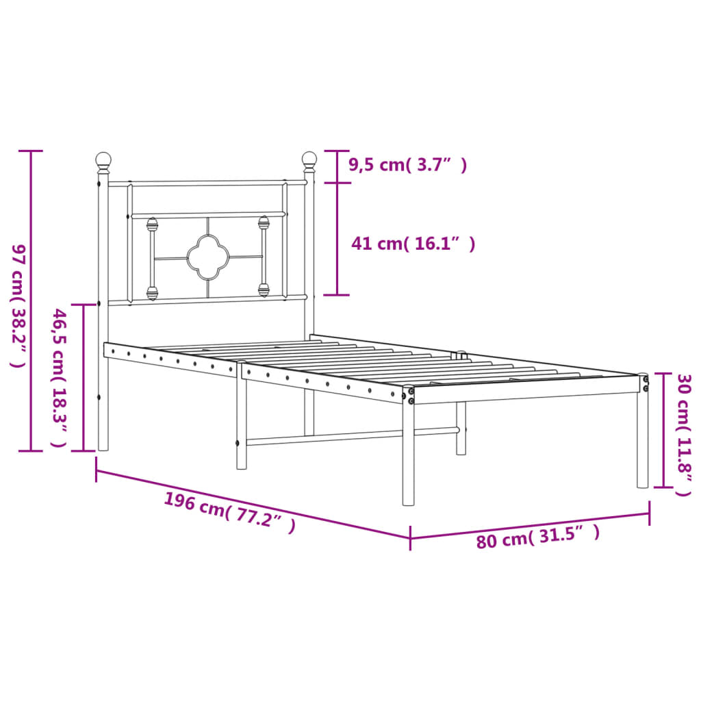 Cadre de lit métal sans matelas avec tête de lit noir 75x190 cm - XIOS