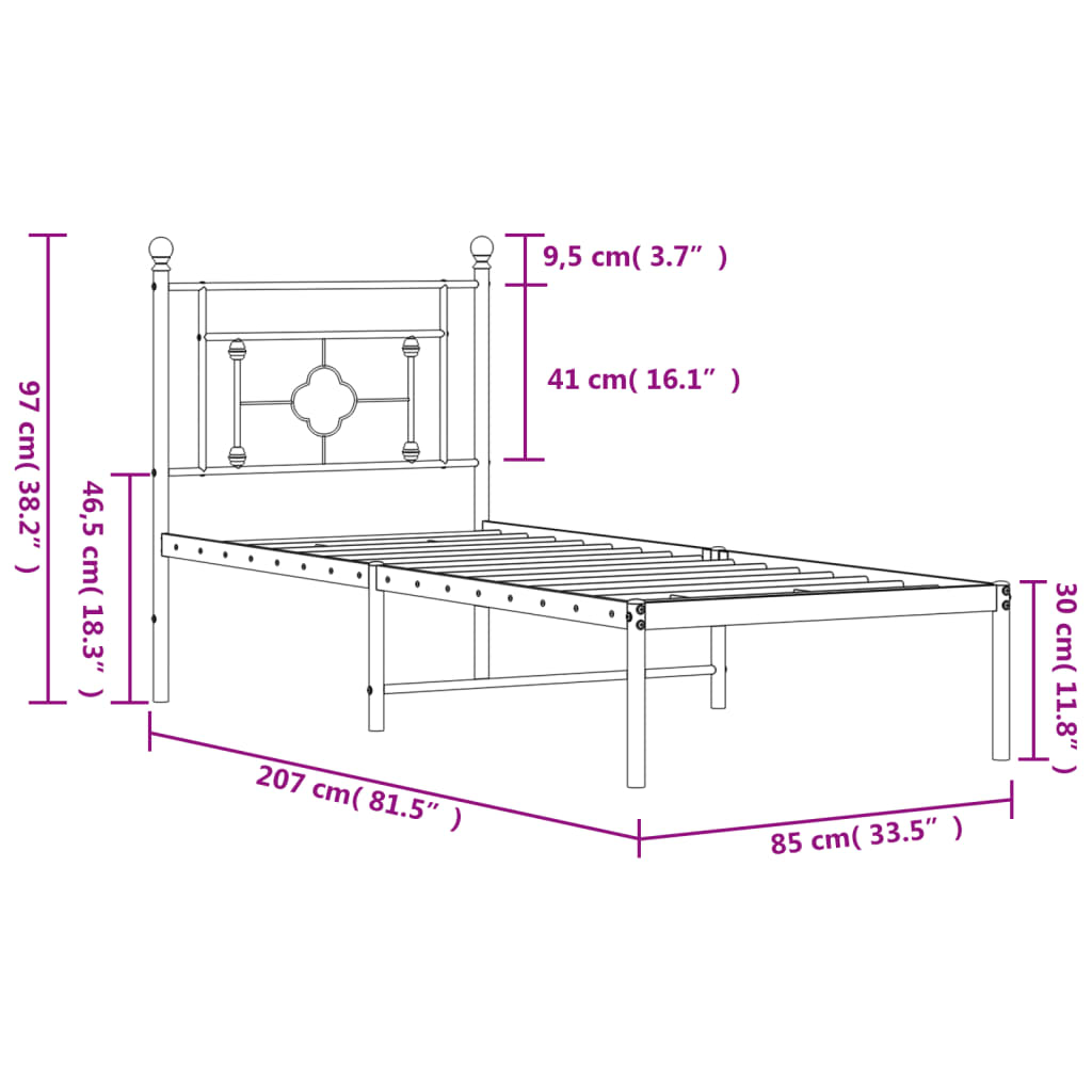 Cadre de lit métal sans matelas avec tête de lit noir 80x200 cm - XIOS