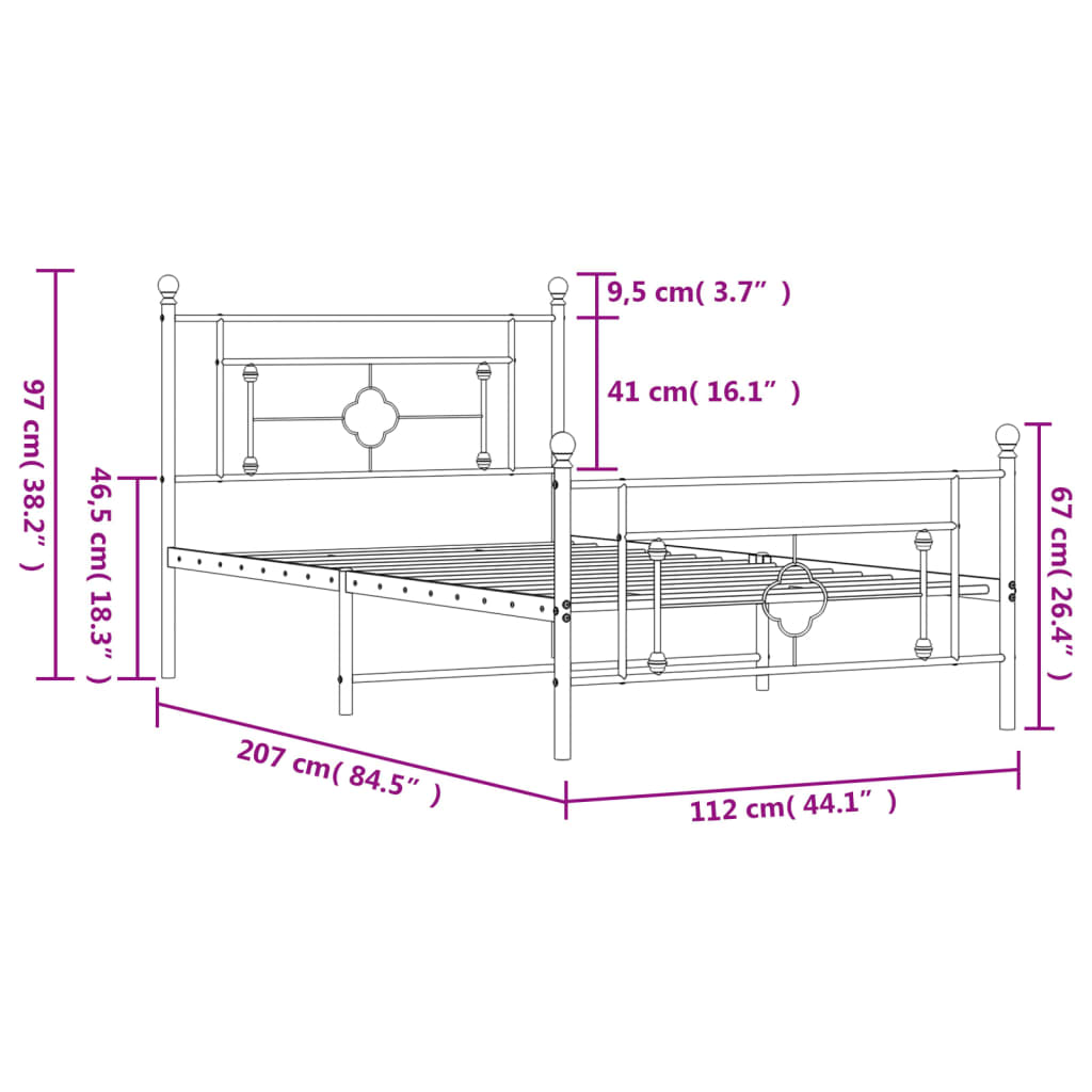 Cadre de lit métal sans matelas avec pied de lit noir 107x203cm - XIOS