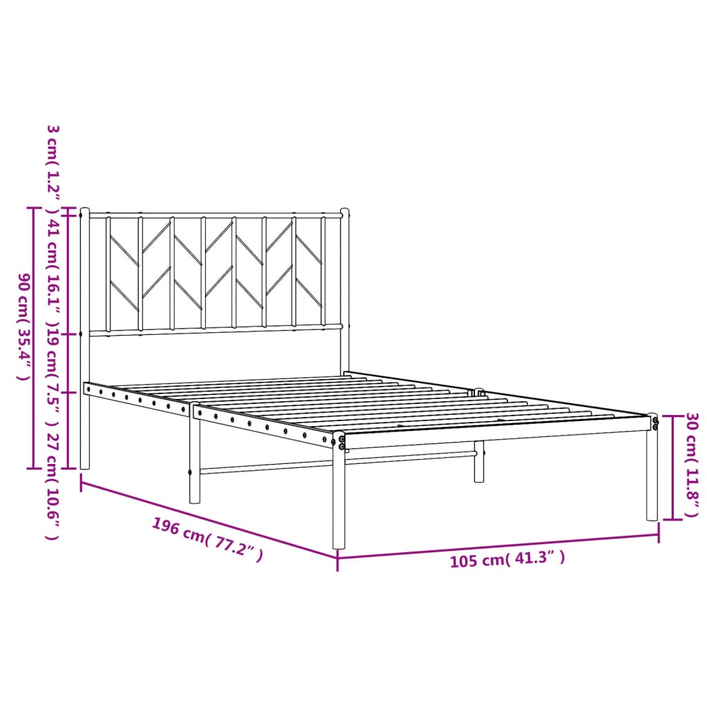 Cadre de lit métal sans matelas avec tête de lit noir 100x190cm - XIOS