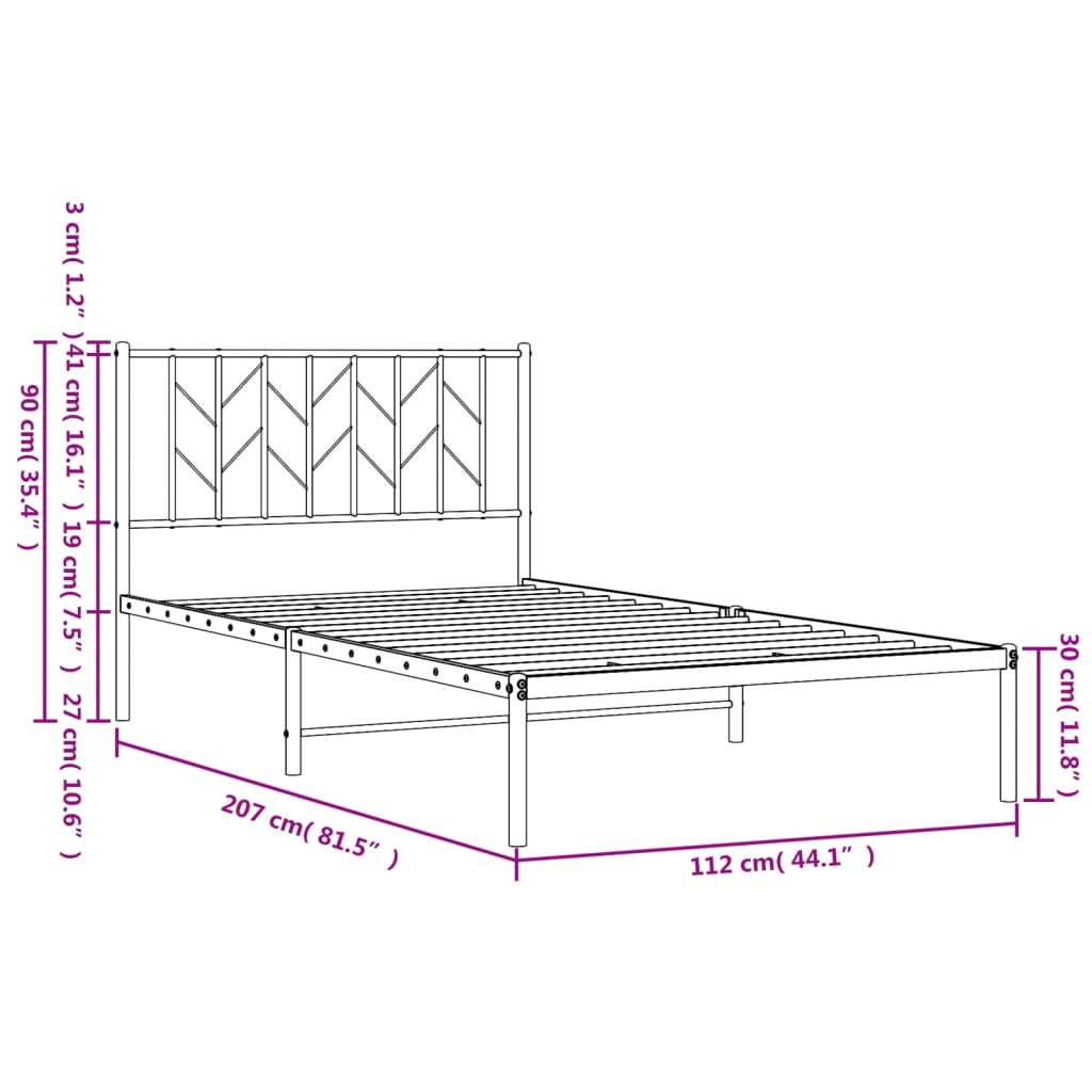Cadre de lit métal sans matelas avec tête de lit noir 107x203cm - XIOS