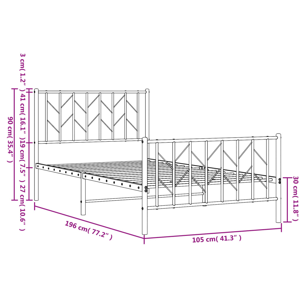 Cadre de lit métal sans matelas avec pied de lit noir 100x190cm - XIOS