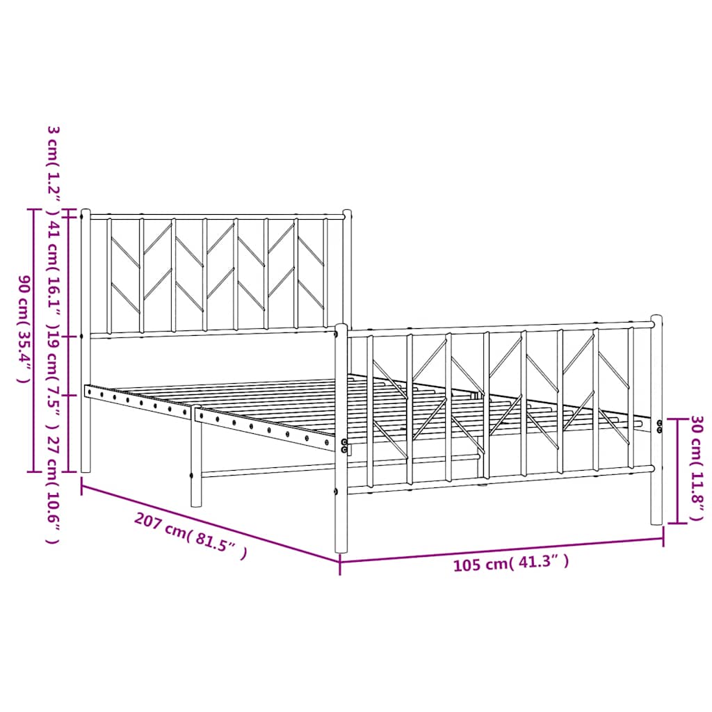 Cadre de lit métal sans matelas et pied de lit noir 100x200 cm - XIOS