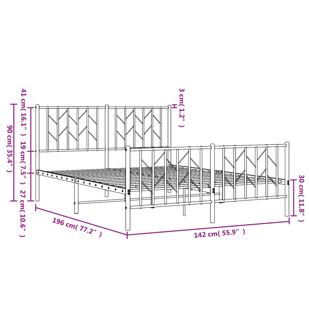 Cadre de lit métal sans matelas avec pied de lit noir 135x190cm - XIOS
