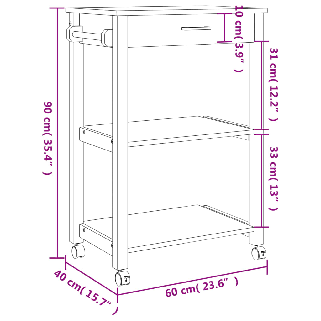 Chariot de cuisine MONZA 60x40x90 cm bois massif de pin - XIOS