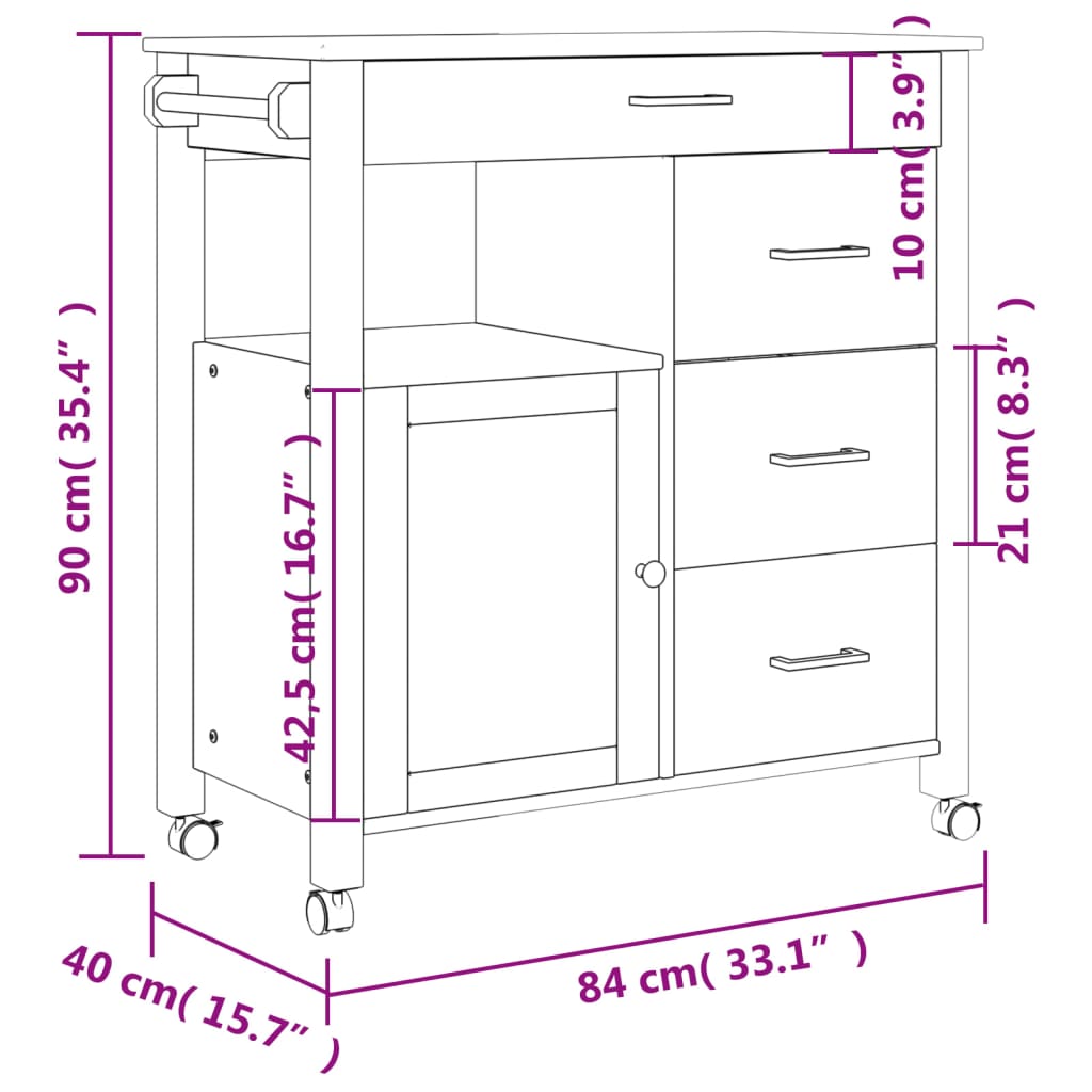Chariot de cuisine MONZA 84x40x90 cm bois massif de pin - XIOS