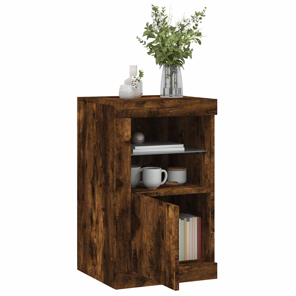 Armoire latérale avec lumières LED chêne fumé bois d'ingénierie