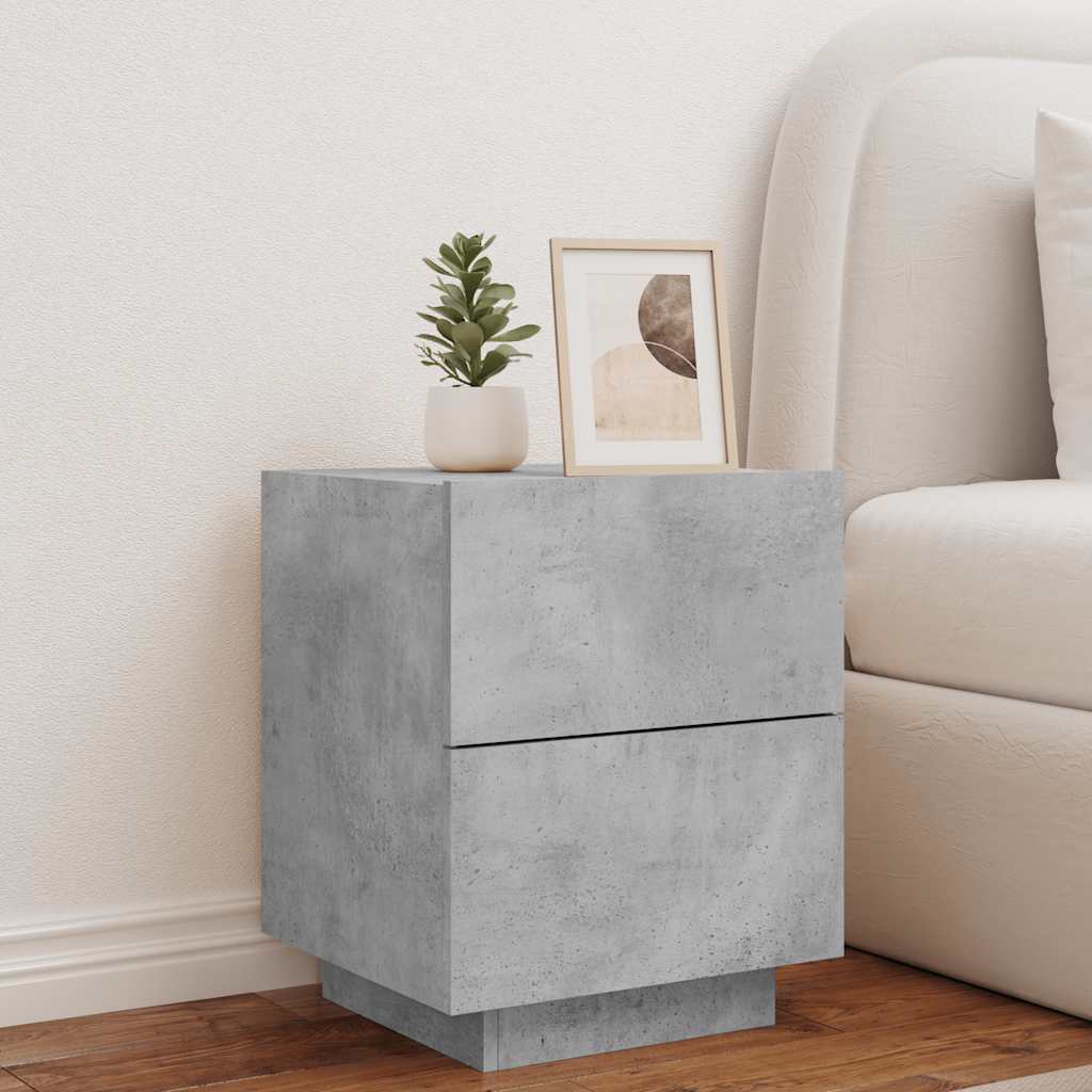 Armoire de chevet et lumières LED gris béton bois d'ingénierie - XIOS