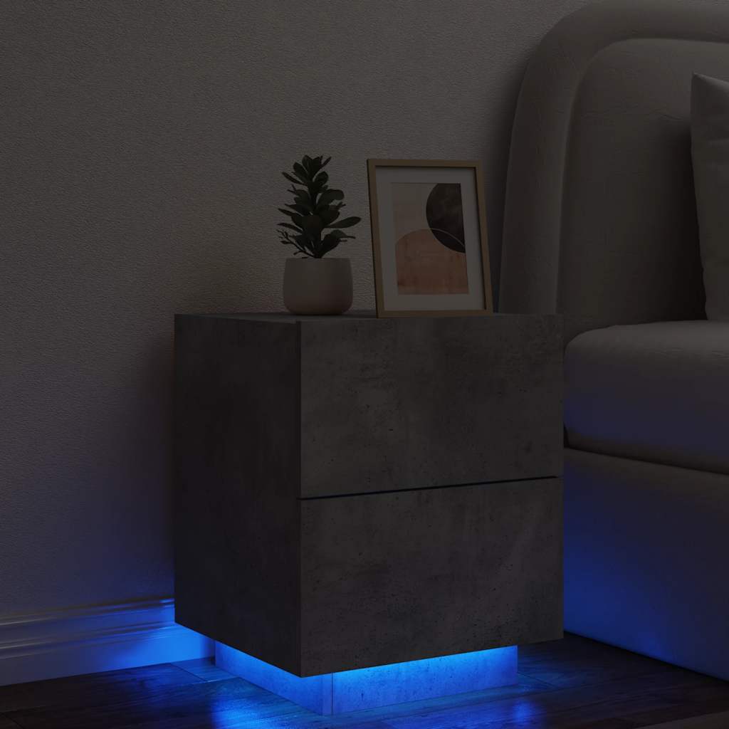 Armoire de chevet et lumières LED gris béton bois d'ingénierie - XIOS