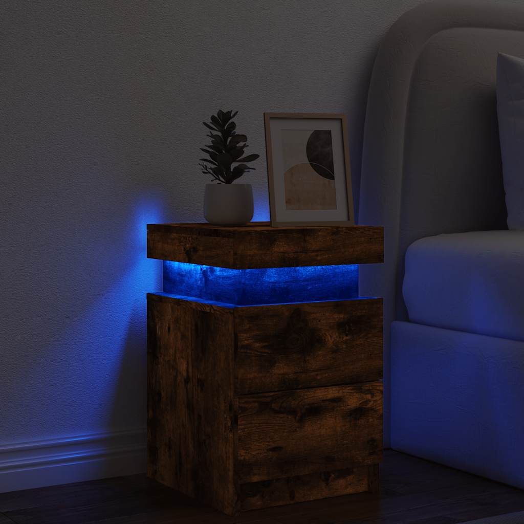 Table de chevet avec lumières LED chêne fumé 35x39x55 cm