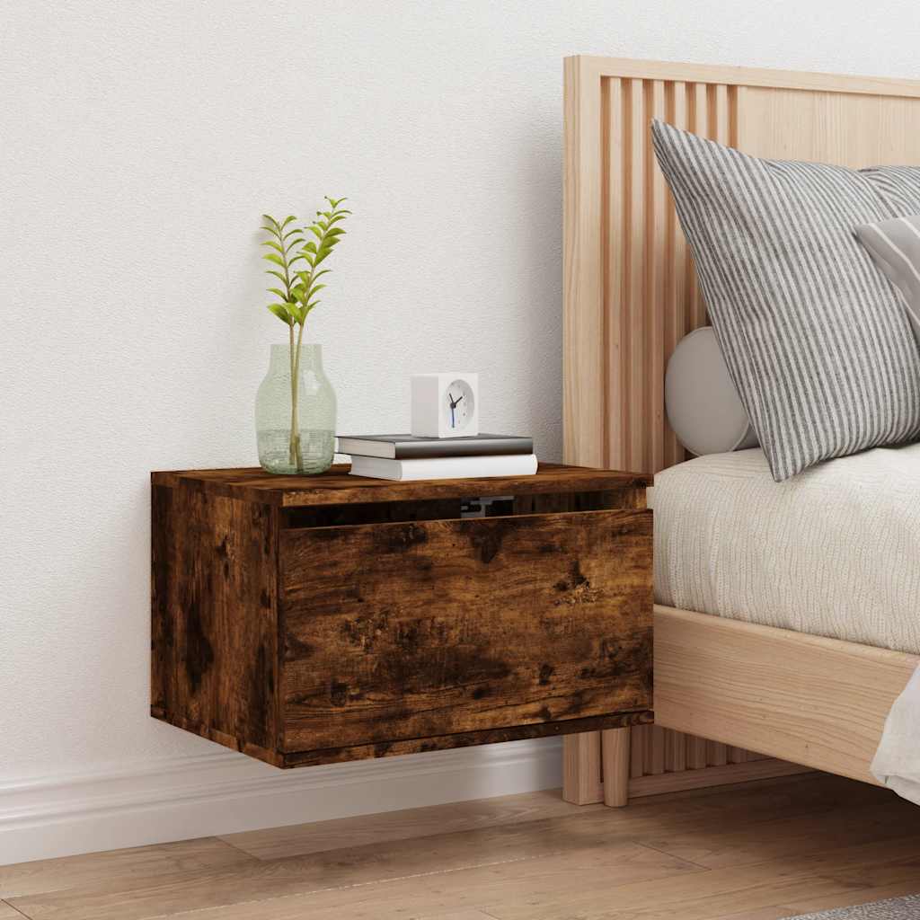 Table de chevet murale avec lumières LED chêne fumé