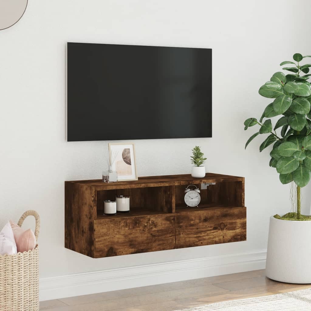 Meuble TV mural chêne fumé 80x30x30 cm bois d'ingénierie - XIOS