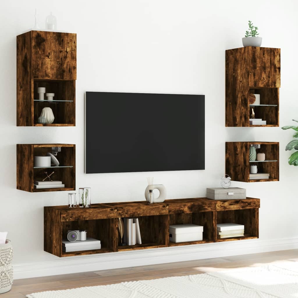 Meuble TV mural avec lumières LED chêne fumé 30x28,5x30 cm - XIOS