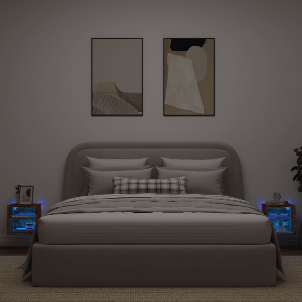 Meubles TV muraux et lumières LED 2pcs chêne fumé 30x28,5x30 cm - XIOS