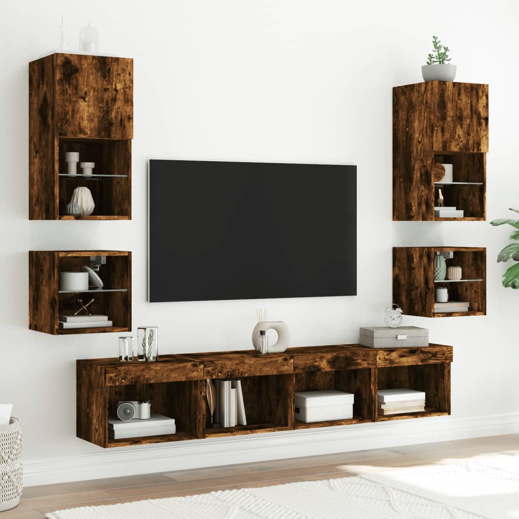 Meubles TV muraux et lumières LED 2pcs chêne fumé 30x28,5x30 cm - XIOS