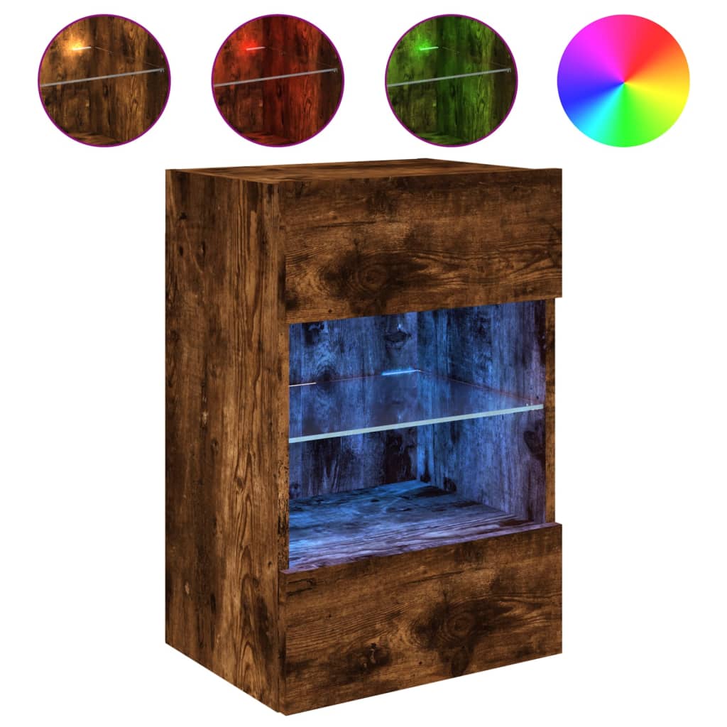Meuble TV mural avec lumières LED chêne fumé 40x30x60,5 cm - XIOS