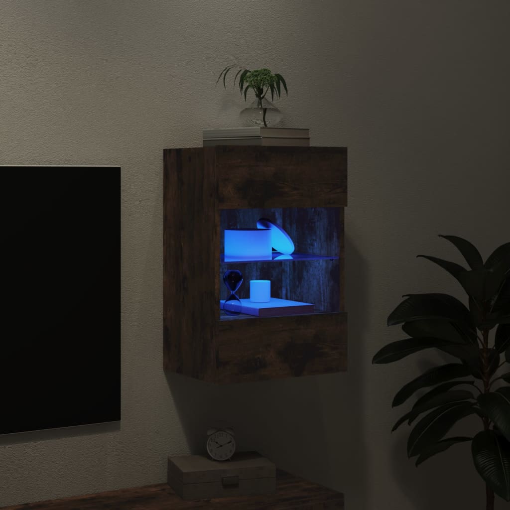 Meuble TV mural avec lumières LED chêne fumé 40x30x60,5 cm - XIOS