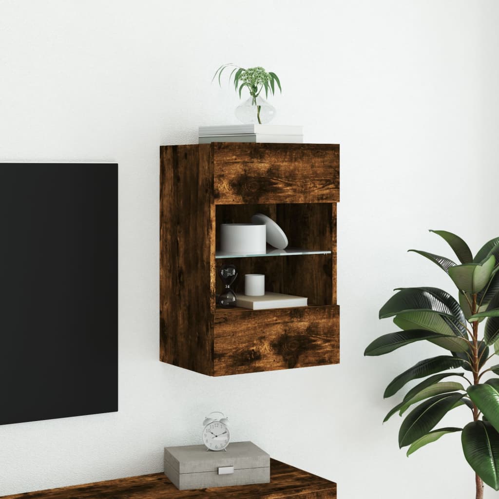 Meuble TV mural avec lumières LED chêne fumé 40x30x60,5 cm - XIOS