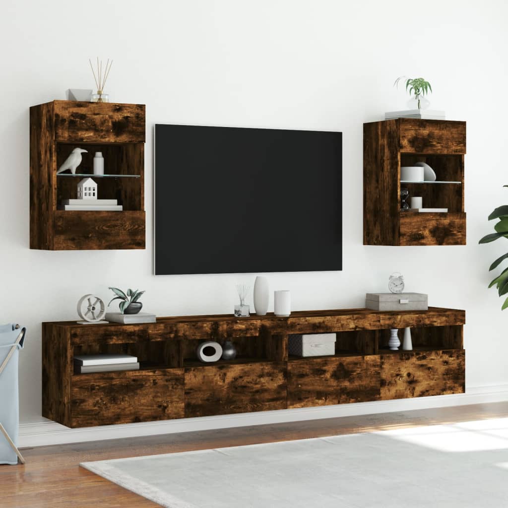 Meuble TV mural avec lumières LED chêne fumé 40x30x60,5 cm - XIOS