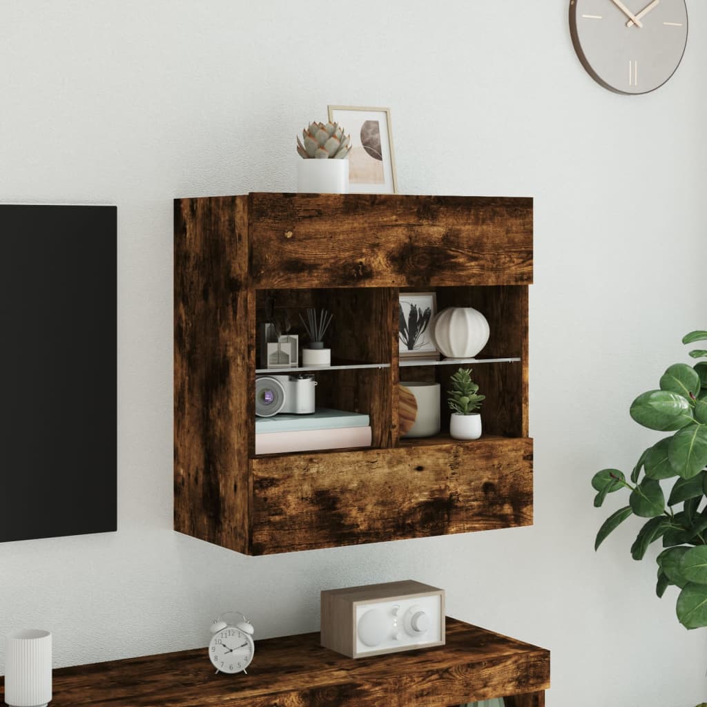Meuble TV mural avec lumières LED chêne fumé 58,5x30x60,5 cm - XIOS