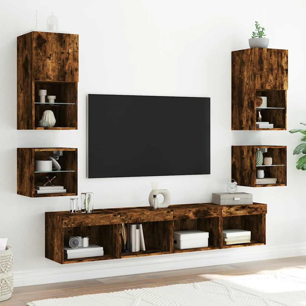 Table de chevet murale avec lumières LED chêne fumé - XIOS