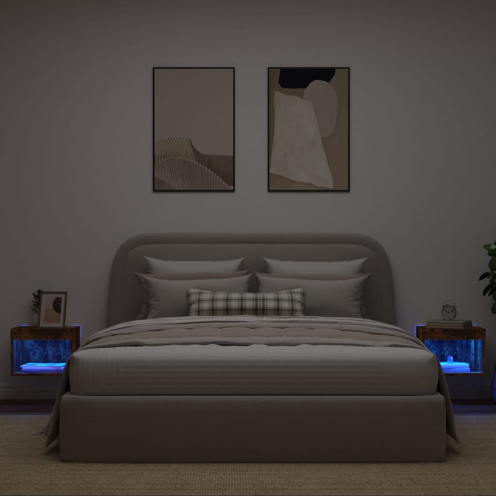 Tables de chevet murales avec lumières LED 2 pcs chêne fumé - XIOS