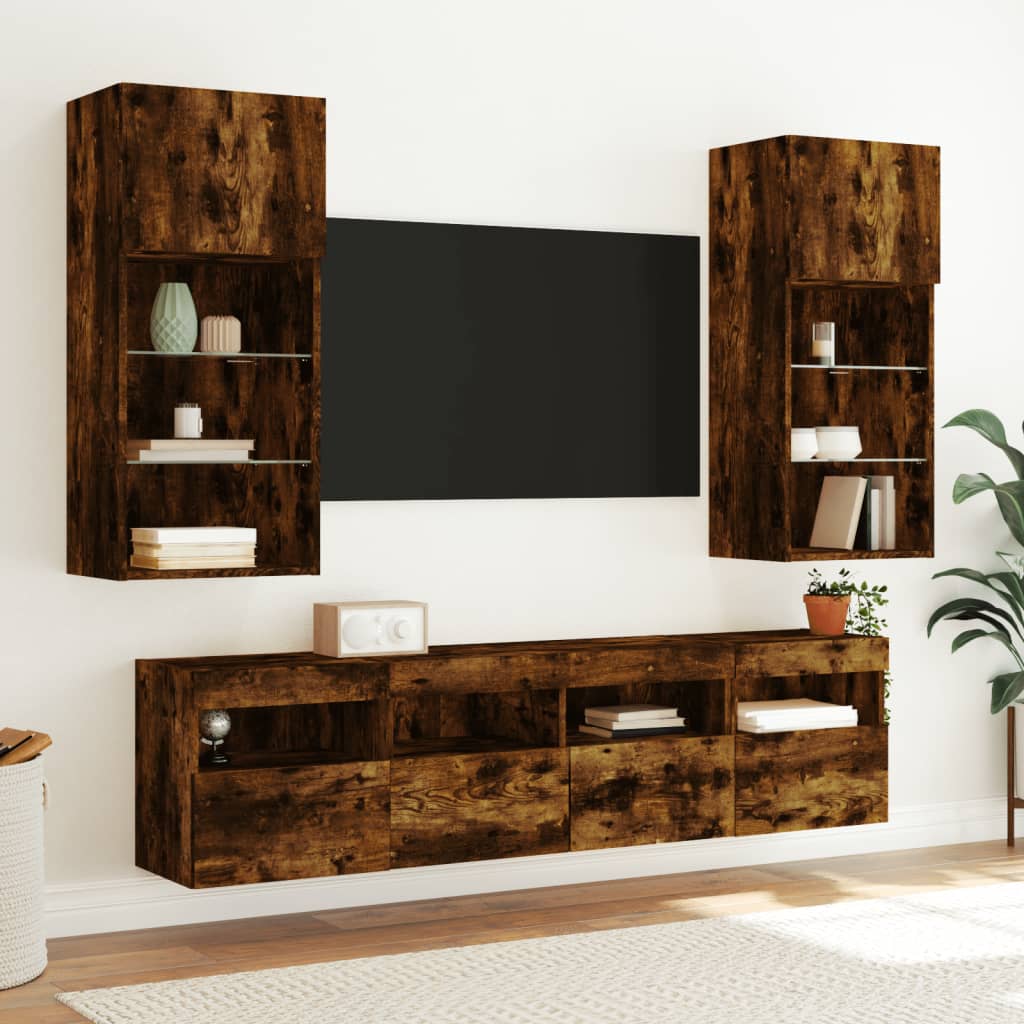 Meubles TV muraux et lumières LED 2pcs chêne fumé 40x30x40 cm - XIOS