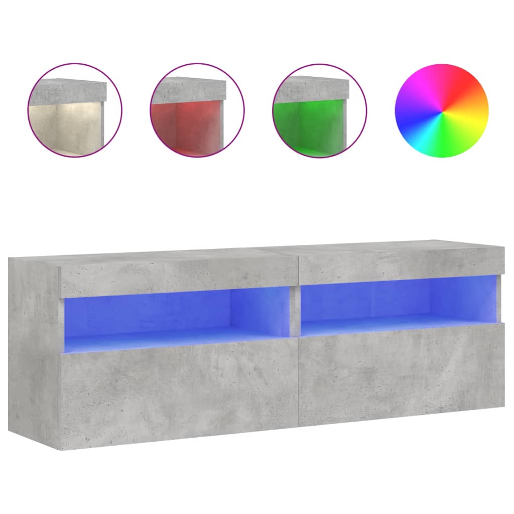 Meubles TV muraux et lumières LED 2pcs gris béton 60x30x40 cm - XIOS