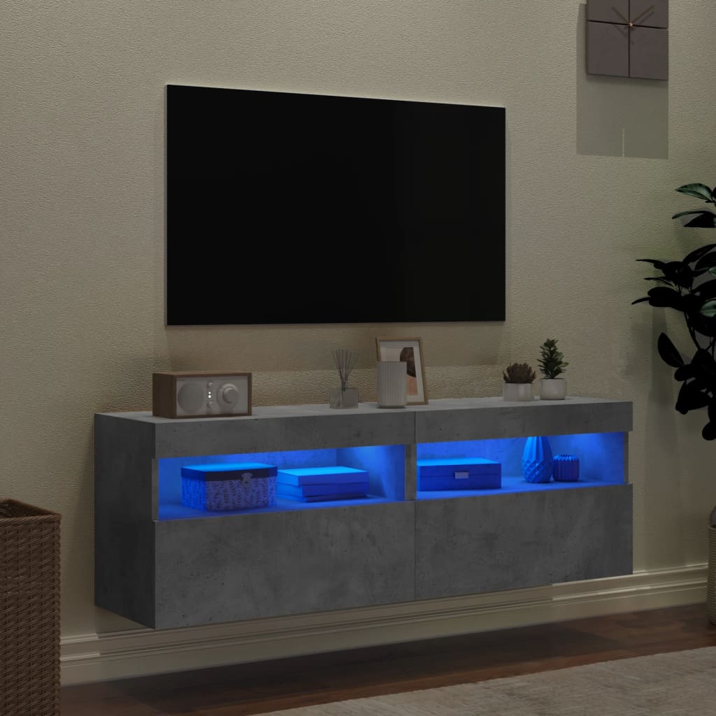 Meubles TV muraux et lumières LED 2pcs gris béton 60x30x40 cm - XIOS