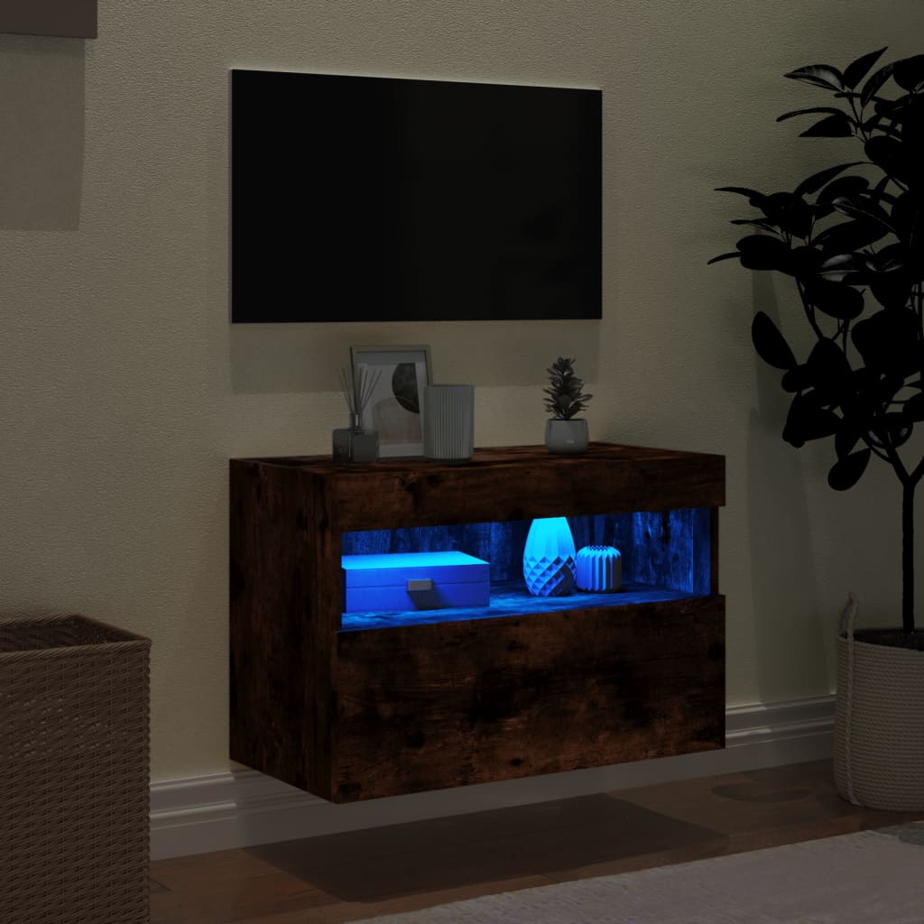 Meuble TV mural avec lumières LED chêne fumé 60x30x40 cm - XIOS