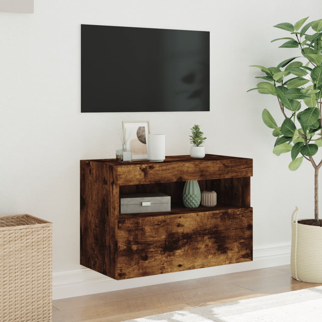 Meuble TV mural avec lumières LED chêne fumé 60x30x40 cm - XIOS