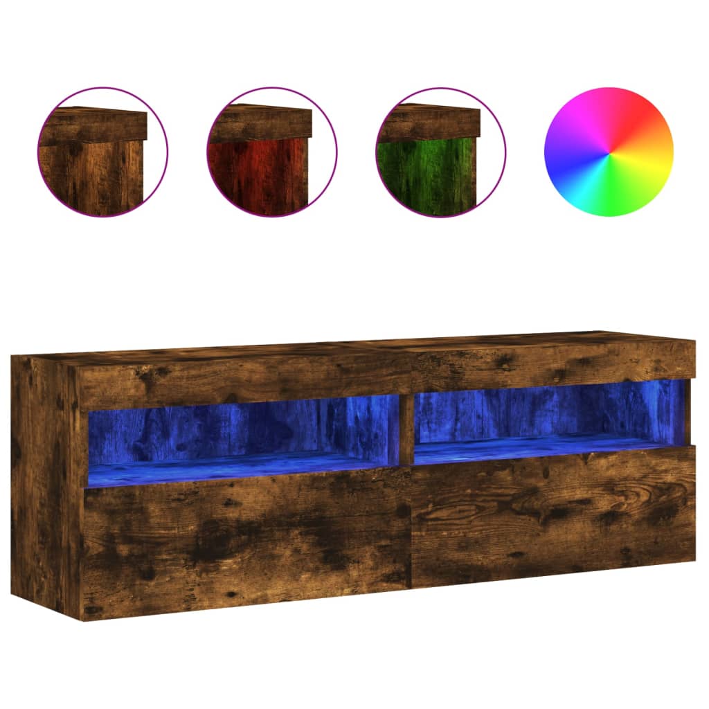 Meubles TV muraux et lumières LED 2pcs chêne fumé 60x30x40 cm - XIOS
