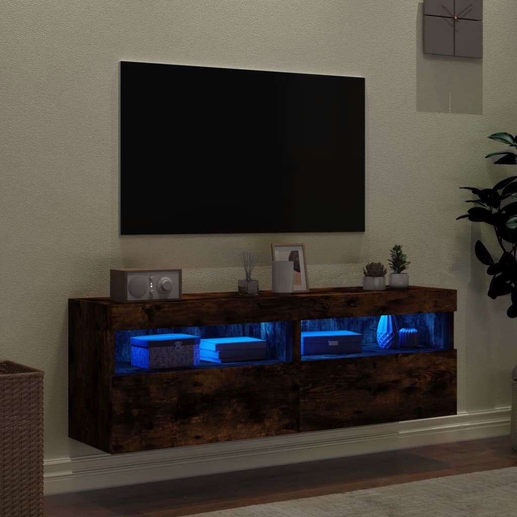 Meubles TV muraux et lumières LED 2pcs chêne fumé 60x30x40 cm - XIOS