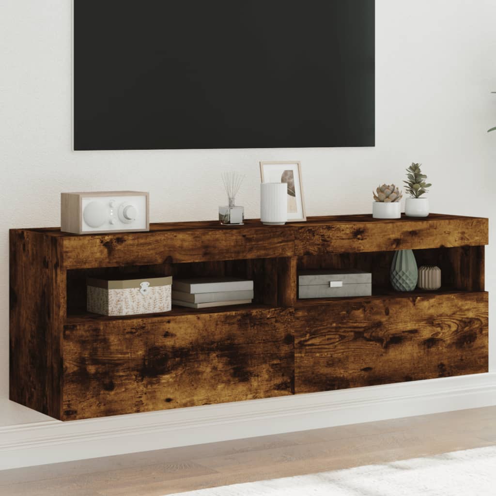 Meubles TV muraux et lumières LED 2pcs chêne fumé 60x30x40 cm - XIOS