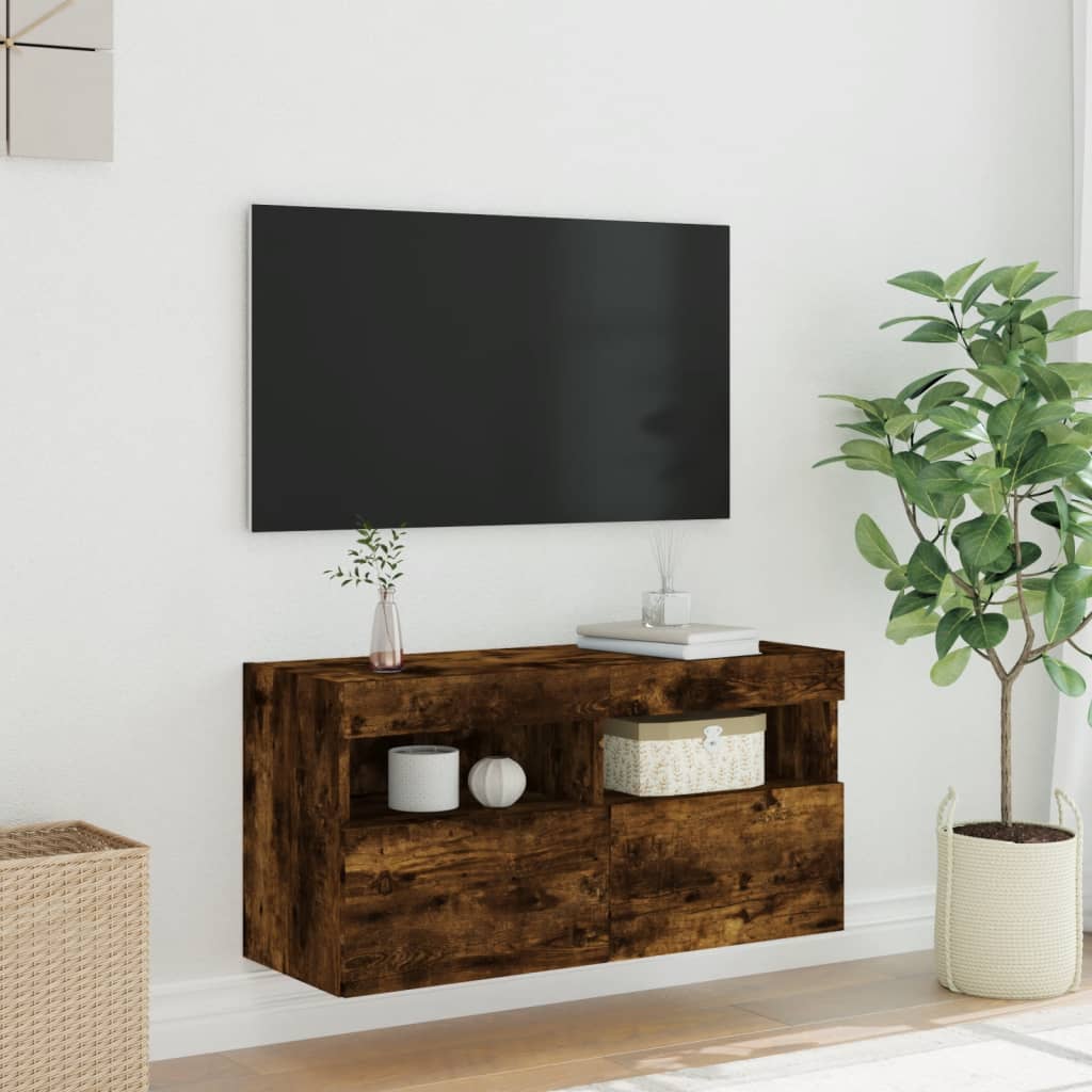 Meuble TV mural avec lumières LED chêne fumé 80x30x40 cm - XIOS
