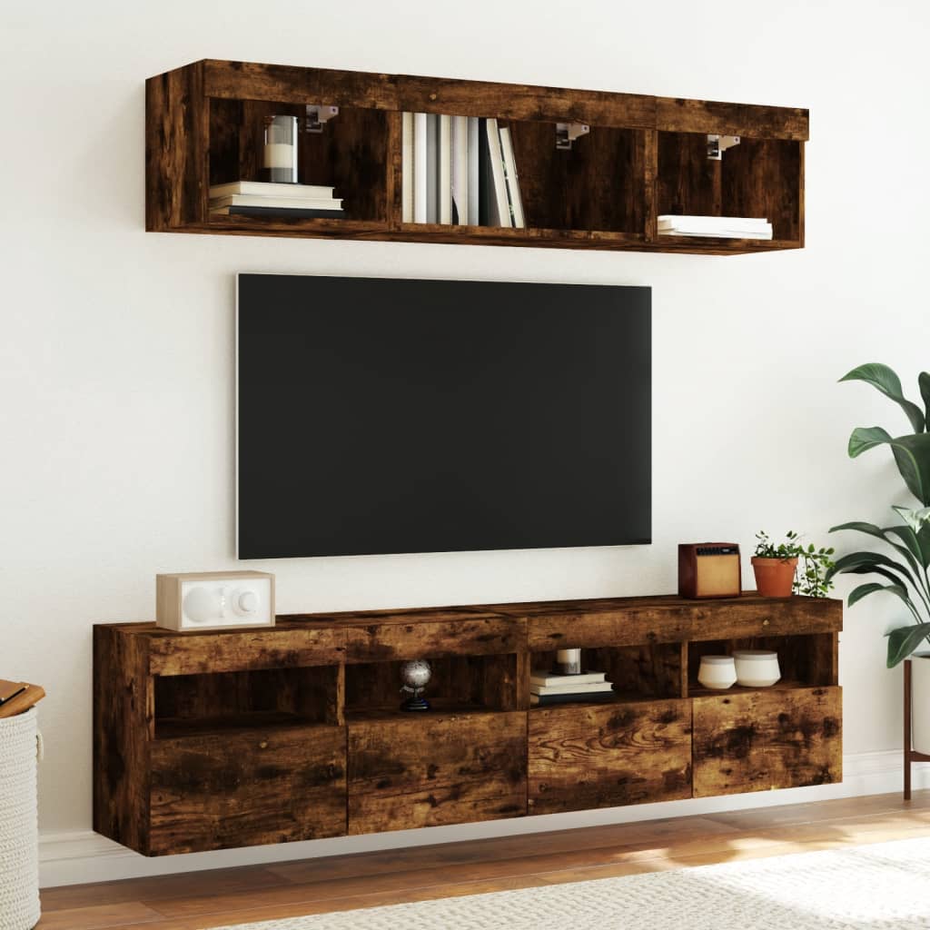 Meuble TV mural avec lumières LED chêne fumé 80x30x40 cm - XIOS