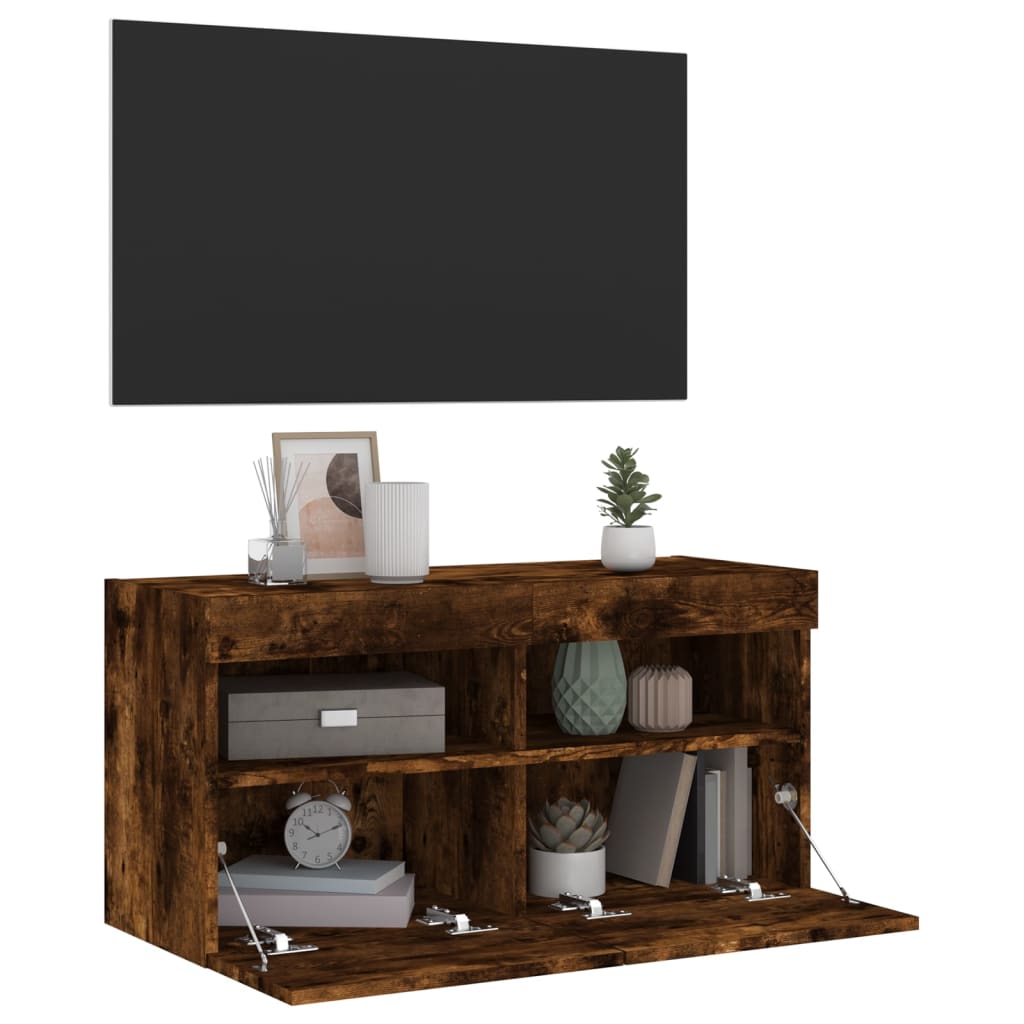 Meuble TV mural avec lumières LED chêne fumé 80x30x40 cm - XIOS