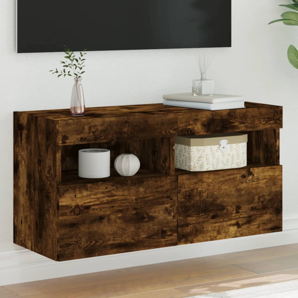 Meuble TV mural avec lumières LED chêne fumé 80x30x40 cm - XIOS