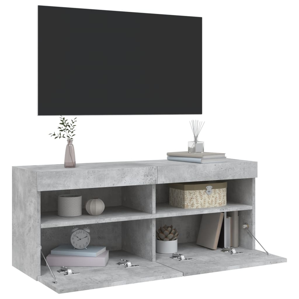 Meuble TV mural avec lumières LED gris béton 100x30x40 cm - XIOS