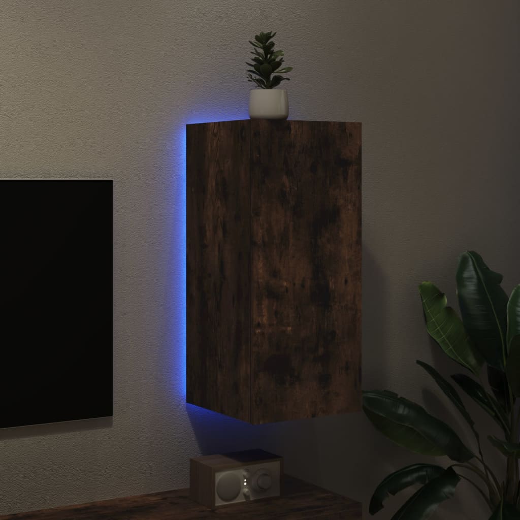 Meuble TV mural avec lumières LED chêne fumé 30,5x35x70 cm - XIOS