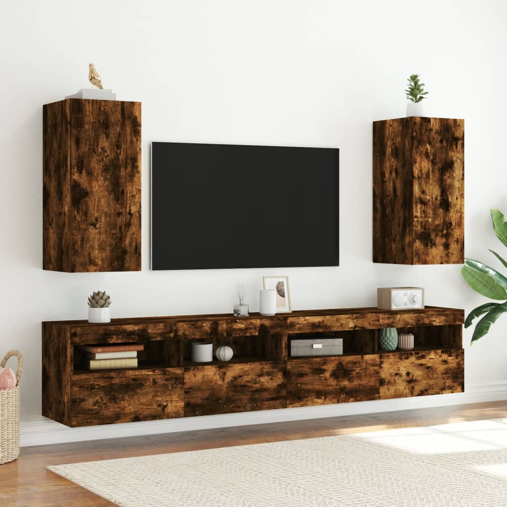 Meuble TV mural avec lumières LED chêne fumé 30,5x35x70 cm - XIOS
