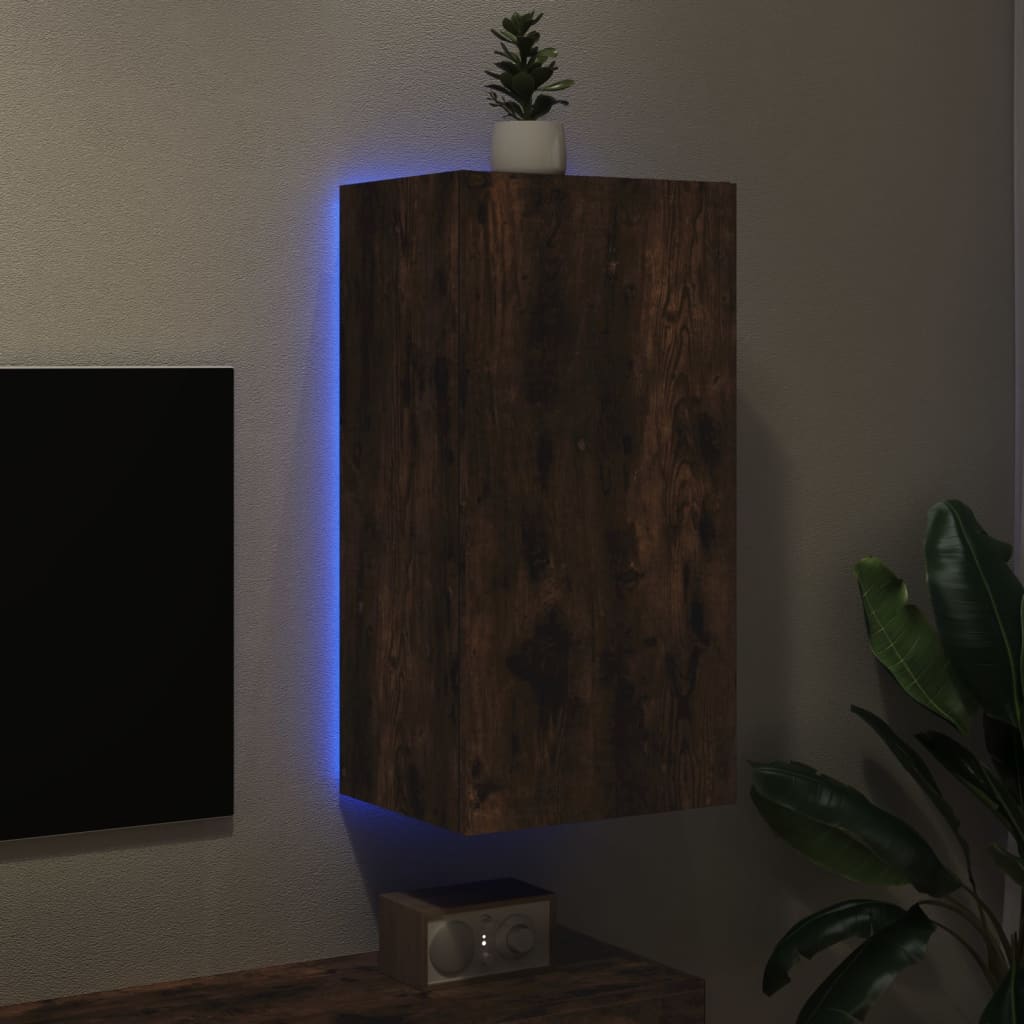 Meuble TV mural avec lumières LED chêne fumé 40,5x35x80 cm - XIOS