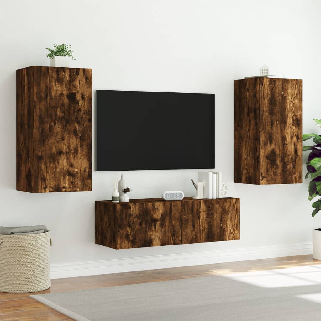 Meuble TV mural avec lumières LED chêne fumé 40,5x35x80 cm - XIOS
