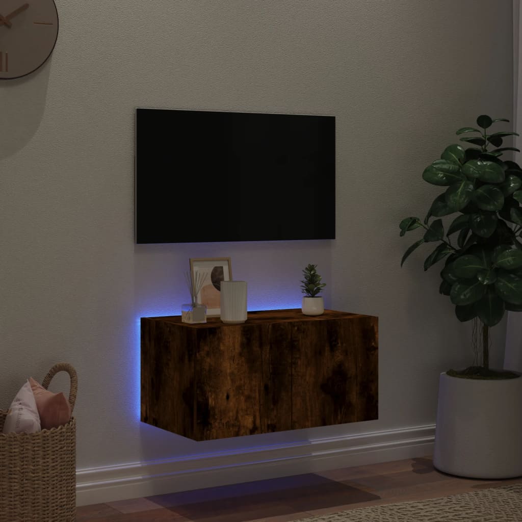 Meuble TV mural avec lumières LED chêne fumé 60x35x31 cm - XIOS