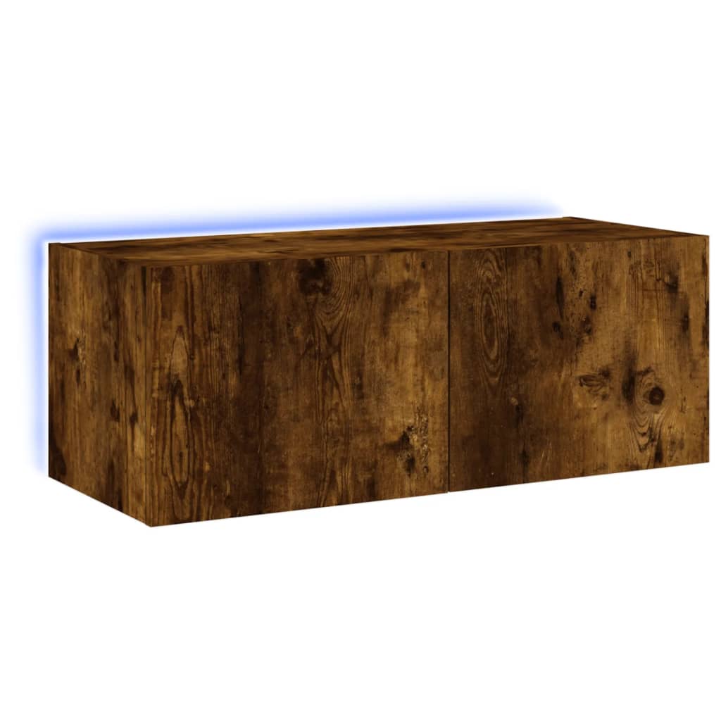 Meuble TV mural avec lumières LED chêne fumé 80x35x31 cm - XIOS