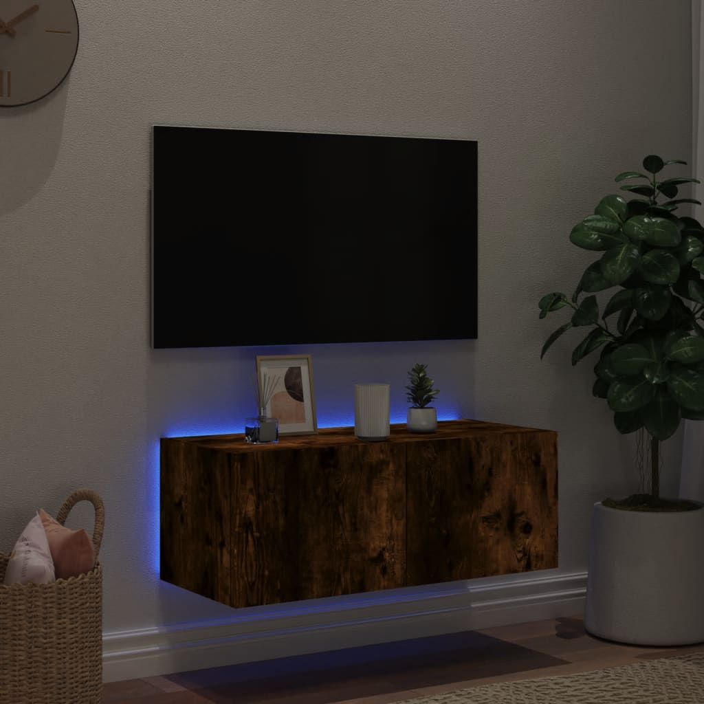 Meuble TV mural avec lumières LED chêne fumé 80x35x31 cm - XIOS